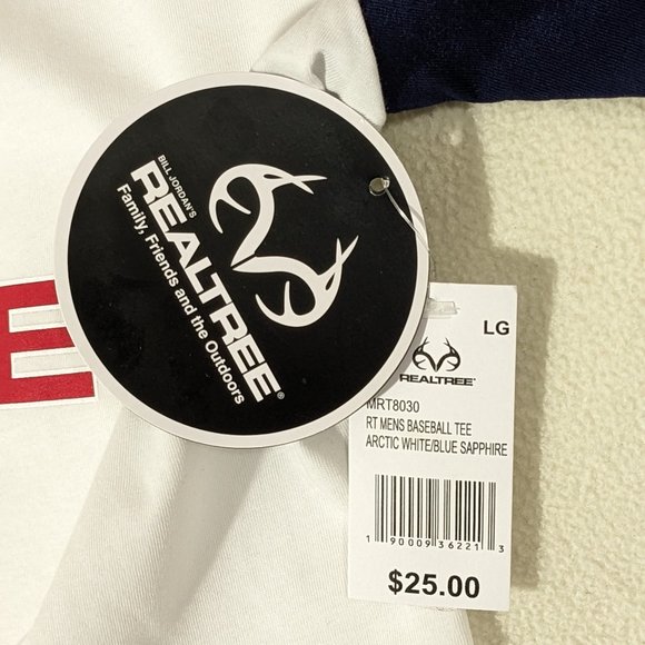 RealTree Men's White w/Blue Sleeve Americana Logo Baseball Tee Size L - Picture 6 of 6